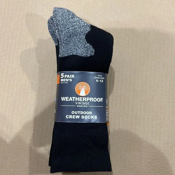 Weatherproof Vintage Outdoor Crew Socks 5 PAIR Pack all Black Gray Toe and Heel - Picture 2 of 5